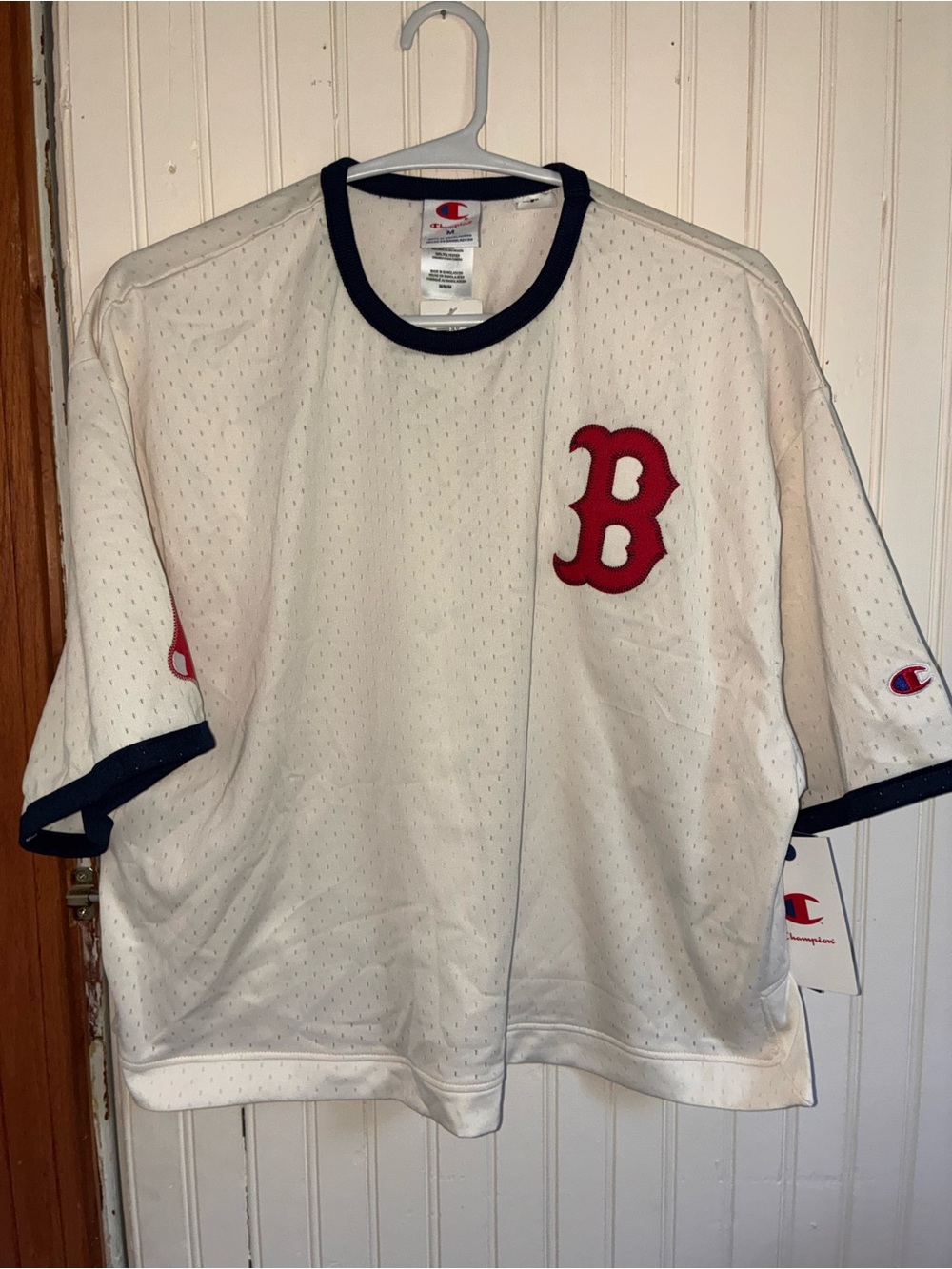 Champion Women’s White & Navy Boston 'B' Short Sleeve Mesh Crop Top